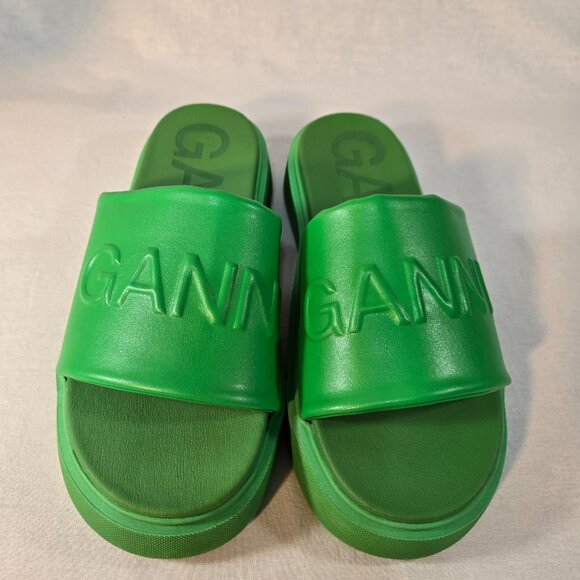 GANNI Green Vegea Slides Embossed Logo Slip-On Flat Platform Sandals Size 8.5/9. - Picture 3 of 16